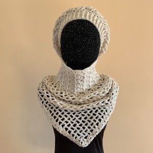 Crocheted Adult Size White Beret and Scarf Set